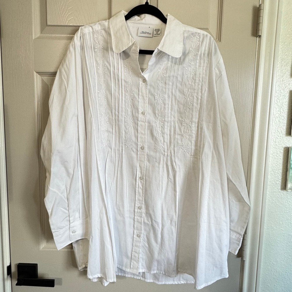 Vermont Country Store White Embroidered Pintuck Cotton Tunic Shirt 2X L/S